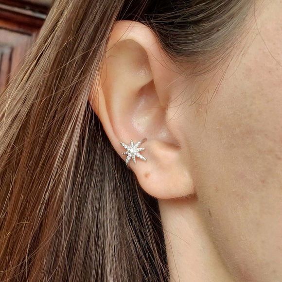 Star Ear Cuff Silver No Piercing Earring Sparkling Earcuff 925 Sterling Silver - Picture 6 of 7